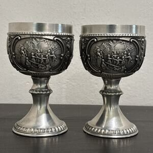Pair of Pewter Wine Goblet Three Scenes SKS Zinn 95% Germany 4.5" GUC